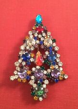 VINTAGE CZECH GLASS CRYSTAL CHRISTMAS TREE XMAS WITH BAUBLES BROOCH PIN  picture