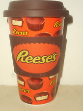 New REESE'S PEANUT BUTTER CUP 16 oz Ceramic Travel Mug w/ Silicone Grip & Lid picture