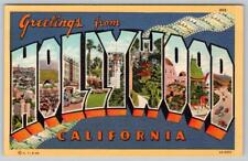 1940's GREETINGS FROM HOLLYWOOD CALIFORNIA LARGE LETTER LINEN VINTAGE POSTCARD picture