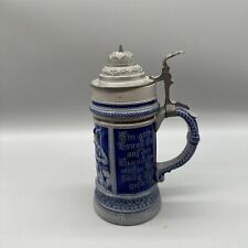 Large Antique Salt-Glazed 1L German Beer Stein Mug Cobalt Lid 11 Inches picture
