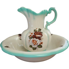 Antique Teal Green Floral Porcelain Wash Stand Set Pitcher & Bowl picture