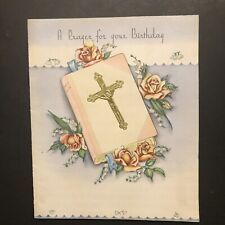 Vtg Birthday Greeting Card Pretty Roses Snow Drops Bible Golden Cross Religious picture