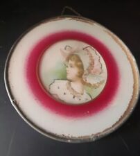 Old Antique Flue Cover Metal Frame Young Girl With Bonnet Glitter Detail Pink  picture