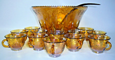 Indiana Glass Iridescent Marigold Carnival Glass Punch Bowl, 12 cups, Ladle picture