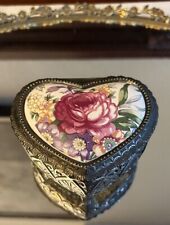 Vintage Ornate Heart Shaped Footed Floral Enamel Jewelry Trinket Box Red Lining picture