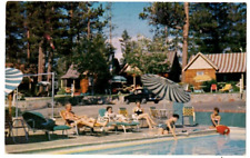 1966 Postcard Shangri-la Village Big Bear Lake CA Swimming Pool Umbrells Cabins picture