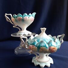 R.S. Prussia Floral Mums Ribbon Handle Cream & Lidded Sugar Unmarked REPAIRED picture