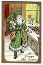 c1910's Christmas Santa Claus Green Robe Sack Of Toys Embossed Antique Postcard picture