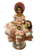 Dresden Porcelain Pink Lace Girl Figurine - Blue Crown Mark - Western Germany picture