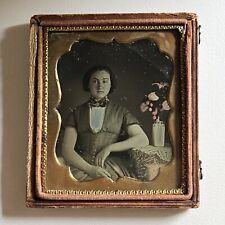 Antique Cased Daguerreotype Beautiful Young Woman Amazing Dress Tinting Flowers picture