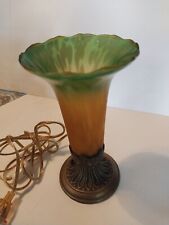 8.5” Tiffany Style Tulip Lilly Flower Horn Table Lamp Amber Green Glass  picture