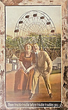 Div Back 11' AMUSEMENT PARK PC Happy Couple Posing In Front of Old FERRIS WHEEL picture