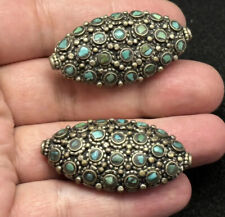 Tibeten Vinatge Old Antique Style 2 Spacer Beads Real Brass Turquoise picture