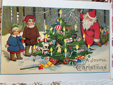 vintage Christmas postcard joyful children Santa tree ornaments snow reproduced picture