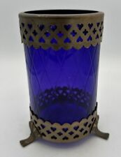 Vtg Purple Etched Glass Candleholder Vase Brass Crosses Hearts Cutouts 7”H 4”Dia picture