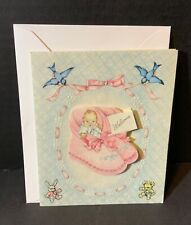 VTG Double Wish Welcome to The New Baby Card UNUSED Embossed Bluebirds Animals picture