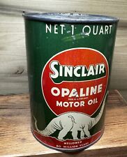Empty Vtg. 1 Qt. Sinclair Opaline Motor Oil Can-White Dino-W/ Both Lids L👀K  picture