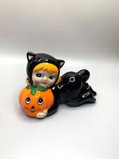 Retro Halloween Black Kitty Cat Girls w/ Pumpkin Figurine Vermont Store Mint picture