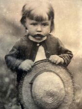 Circa 1860's  Large Tintype Photo of Toddler Holding Straw Hat picture