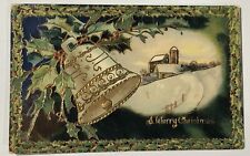Vintage A Merry Christmas Greeting Postcard Divided Back Bell Holly Pastoral picture
