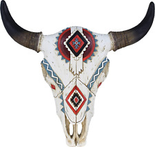 Tribal Design Carved Painted Steer Bull Cow Skull - Wall Mount Head - Rustic Wes picture