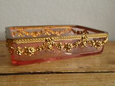 ANTIQUE FRENCH PRETTY PINK GLASS VANITY TRINKET DISH WITH ORMOLU SWAGS picture