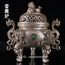 Folk White copper Tibet-silver Foo Dog Lion Dragon Incense Burner Censer N893 picture