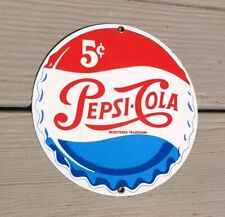 Vintage 5¢ PEPSI COLA  8” Porcelain Bottle Cap Advertising Sign 1991 Ande Rooney picture