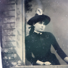Antique 1800's Tintype Photo Beautiful Woman in Black Staring Out a Window picture