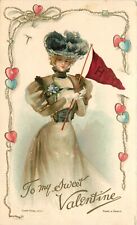 Nister Embossed Valentine Postcard; College Girl w/ Pennant, Letter H, Unposted picture