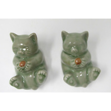 Vintage Celadon Green Pottery Cat Kittens x2 picture