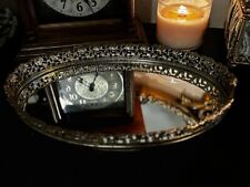 Vintage Gold Metal Dresser Tray Mirror Oval Perfume Vanity MCM Hollywood Regency picture