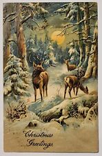 Christmas Greetings Beautiful Deer Buck Snow Forest Under The Moon Postcard O23 picture