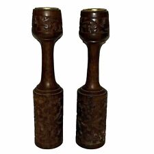Vintage Pair Of Hand Carved Wooden Candle Holders 10” Made In India For Tapered picture