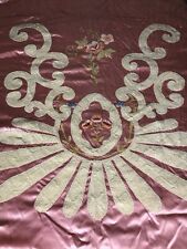 1920s 1930s Embroidered Appliqué Satin Coverlet Twin Flapper Boudoir Pink Velvet picture