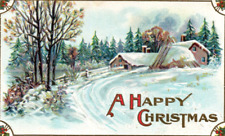 C1910 Scenic Winter Forest Farm Gilt Holly Embossed Happy Christmas Postcard picture