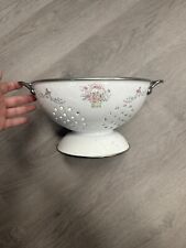 Vintage White Enamel Colander Strainer 8 Inches Metal Footed Floral picture