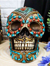 Southwestern Indian Boho Chic Aztec Tooled Skull With Turquoise And Red Stones picture