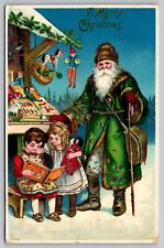 Postcard Green Robe Santa Father Christmas Children Reading Toy Stall picture