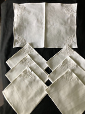 Antique French Art Deco Set 6 White Embroidery Linen Tea Time Napkins Tea Cloth picture