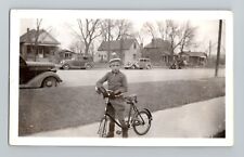 Boy with Bicycle 1930s Street Scene Vintage Photo - 4 1/2 x 2 1/4 inches picture