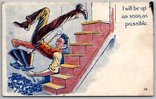 1907 Comic Humor Postcard Man Falling Down Stairs Will be Up Soon Portsmouth OH picture