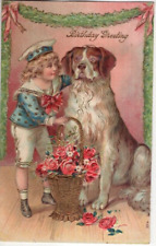 ANTIQUE EMBOSSED BIRTHDAY Postcard  BOY WITH ARM AROUND HIS DOG, BASKET OF ROSES picture