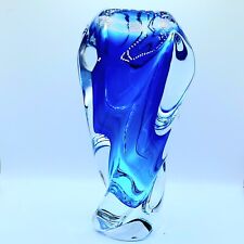 Art Glass Vase Layered Cased Sculptural Design Blue Large Vase No Signature  picture