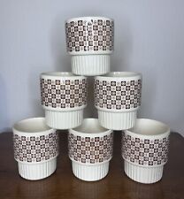6 Vintage Mid century Ribbed Coffee Cups USA White and Brown Daisies Flower picture