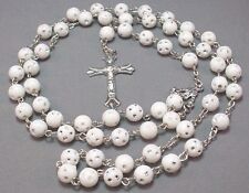 Three (3) Rosary Patterned WHITE & SILVER Bead Silver Chain Accent Necklace GIFT picture
