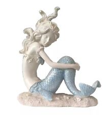 Nautical Capiz Blue Tailed Sitting Mermaid On Sea Floor Statue Resin 6.5