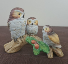 Vintage Ceramic Figurine 3 Owls Perched on a Tree Branch Bird Family picture