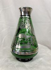 Green Glass Vase Silver Overlay Hand Painted Venice Scape 4 1/4”H Flowers picture