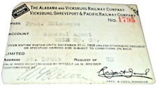 1926 ALABAMA & VICKSBURG VICKSBURG SHREVEPORT & PACIFIC EMPLOYEE PASS #1795 picture